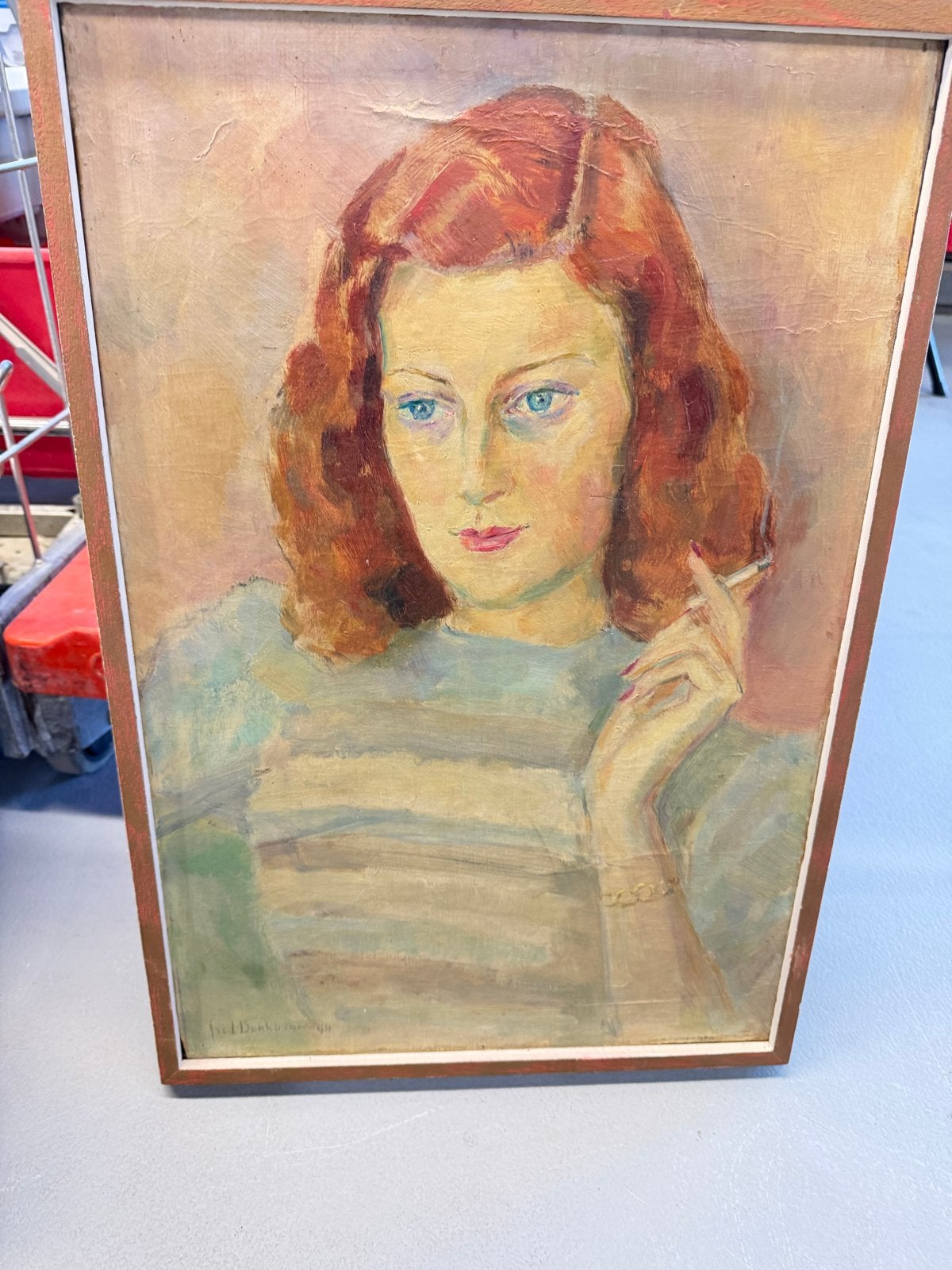 Vintage Portret Olieverf Schilderij Dame met Sigaret, Gedateerd, Doek, Portret of Personen, Realistisch