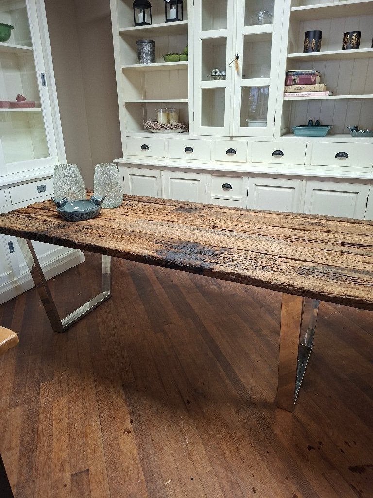 Stoere robuuste bielzen eettafel 200 cm, Ophalen, Gebruikt, Teakhout, 200 cm of meer
