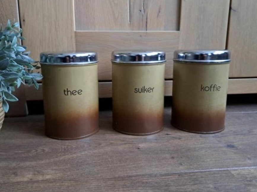 Vintage Voorraadblikken: Koffie, Thee, Suiker bruin/caramel, Verzamelen, Blikken, Ophalen of Verzenden, Gebruikt