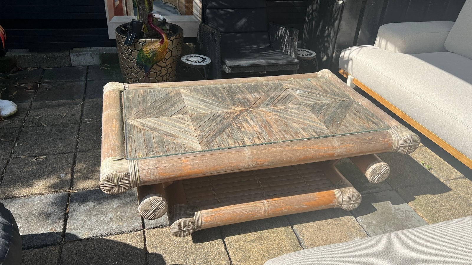 Leuke bamboe salontafel voor tuin of terras met glasplaat, Ophalen, Gebruikt, Rechthoekig