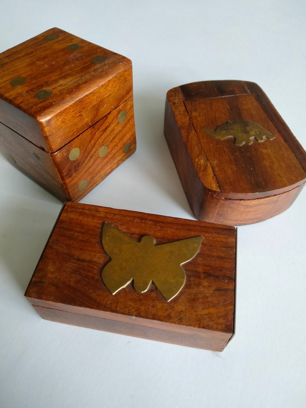 Set van 3 Vintage Houten Doosjes met Messing Inleg, Antiek en Kunst, Ophalen of Verzenden
