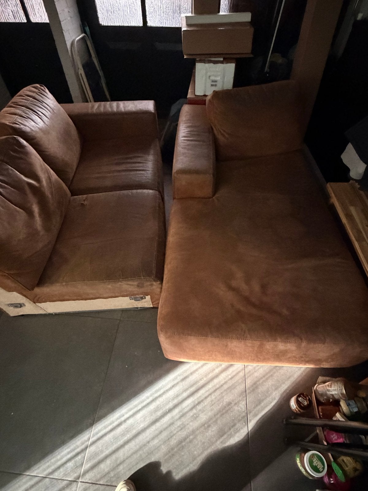 bruine hoekbank met chaise longue, Ophalen, 250 tot 300 cm, Gebruikt, 100 tot 125 cm