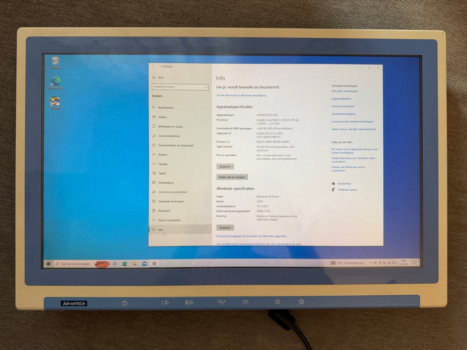 Advantech POC-W211 i7 6e gen 4GB RAM Windows 10 Home, Ophalen, Gebruikt, 2 tot 3 Ghz, Met monitor