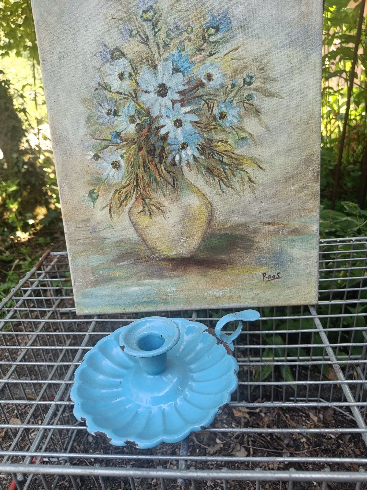 Oud licht blauw gegolfd emaille blaker/kaarsenstandaard, Ophalen of Verzenden