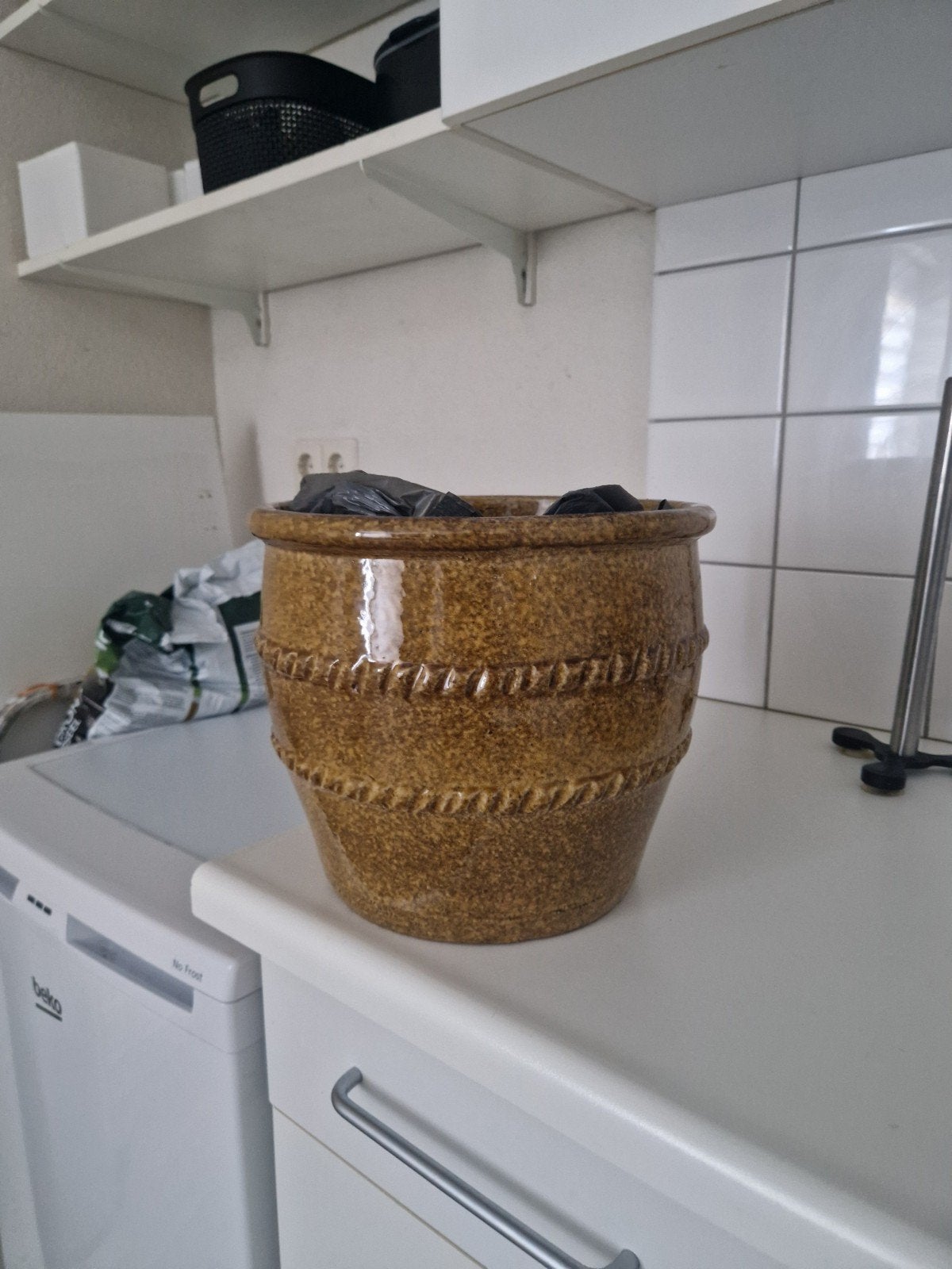 Vintage Bruine Keramische Bloempot met Touwdecoratie, Ophalen