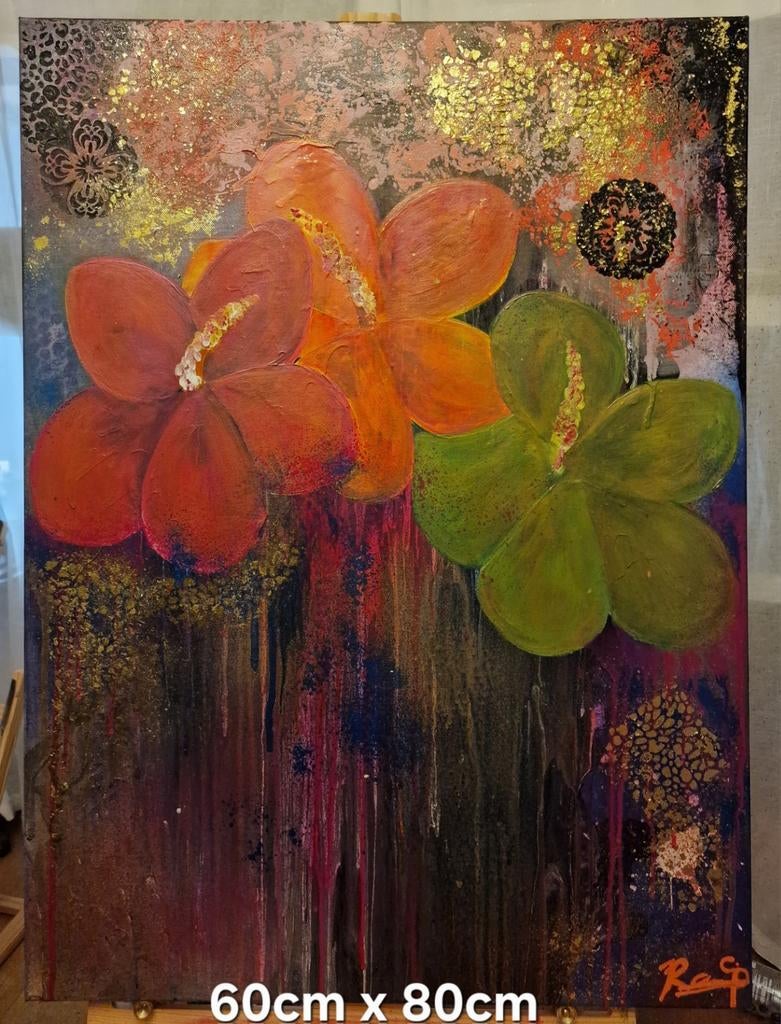 Gouden 3 Bloemig Schilderij - 60x80cm Eyecatcher, Ophalen of Verzenden