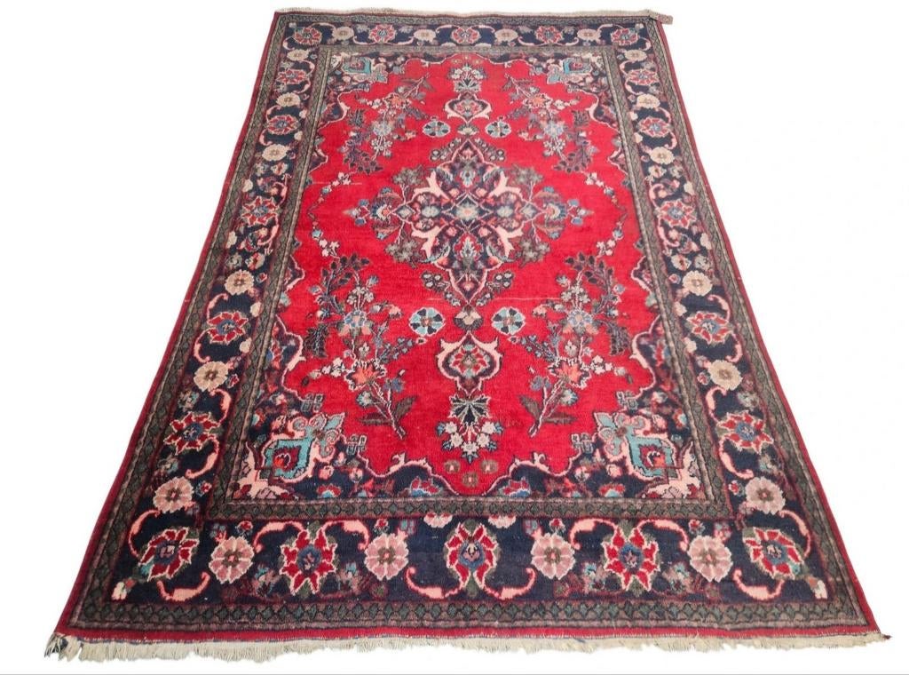 Handmade Persian wool Mehraban carpet medallion 131x203cm, Persian, Gebruikt, 100 tot 150 cm, Crème