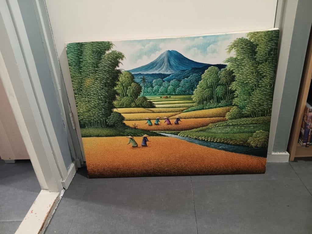 Schilderij van rijstvelden met berg, Ophalen of Verzenden
