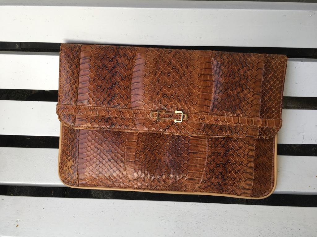 Echt Slangenleer Handtas, Sieraden, Tassen en Uiterlijk, Tassen | Damestassen, Gebruikt, Handtas, Bruin, Ophalen of Verzenden