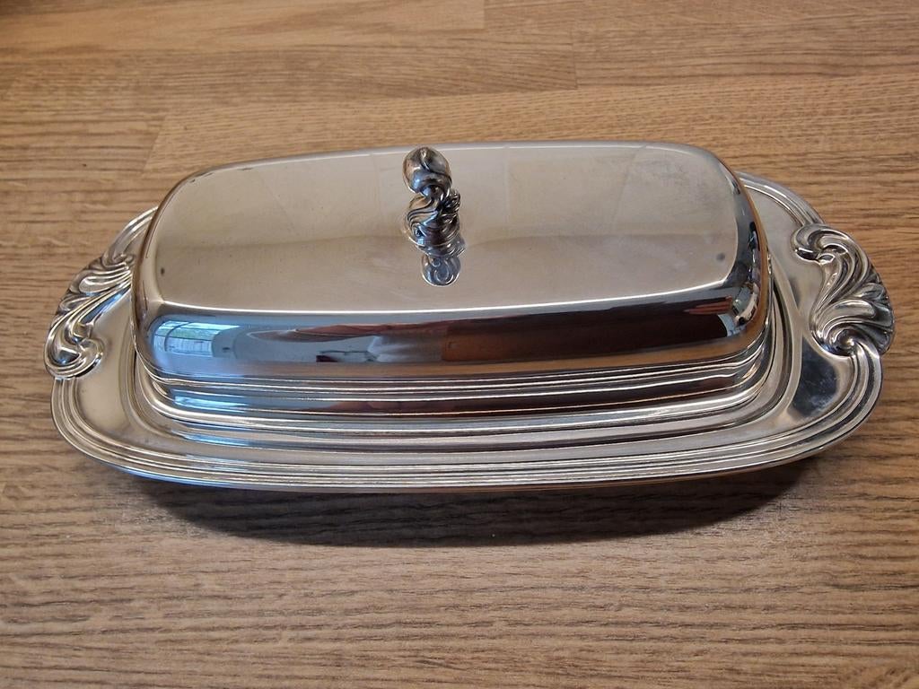 Vintage zilveren botervloot met glazen inzet, Antiek en Kunst, Verzenden