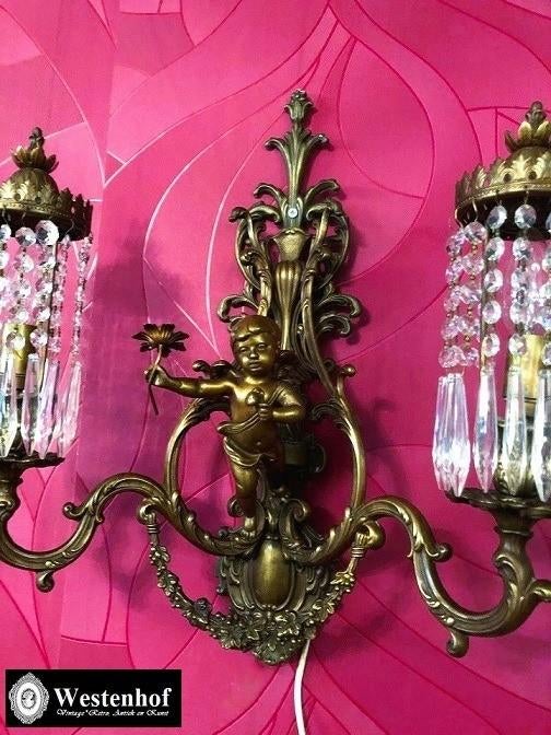 Grote Franse wandlamp antiek  - cupido brons met kristal, Huis en Inrichting, Ophalen of Verzenden, Gebruikt, Overige materialen