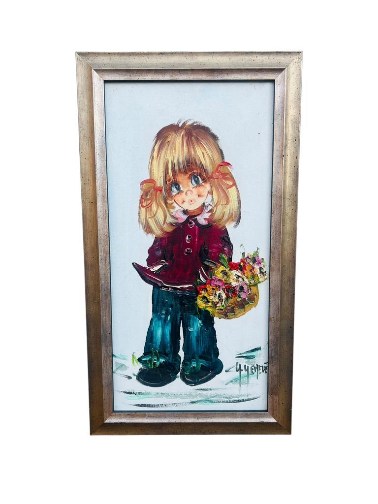 Origineel schilderij big eyed girl Y. Yenele vintage jr 70, Ophalen of Verzenden