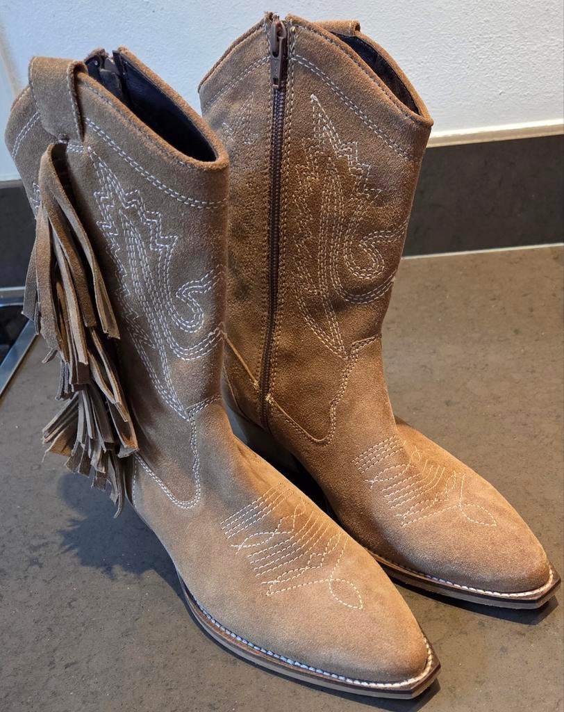 Cowboy laarsjes PS Poelman MOCO suède met franjes beige, Ophalen of Verzenden