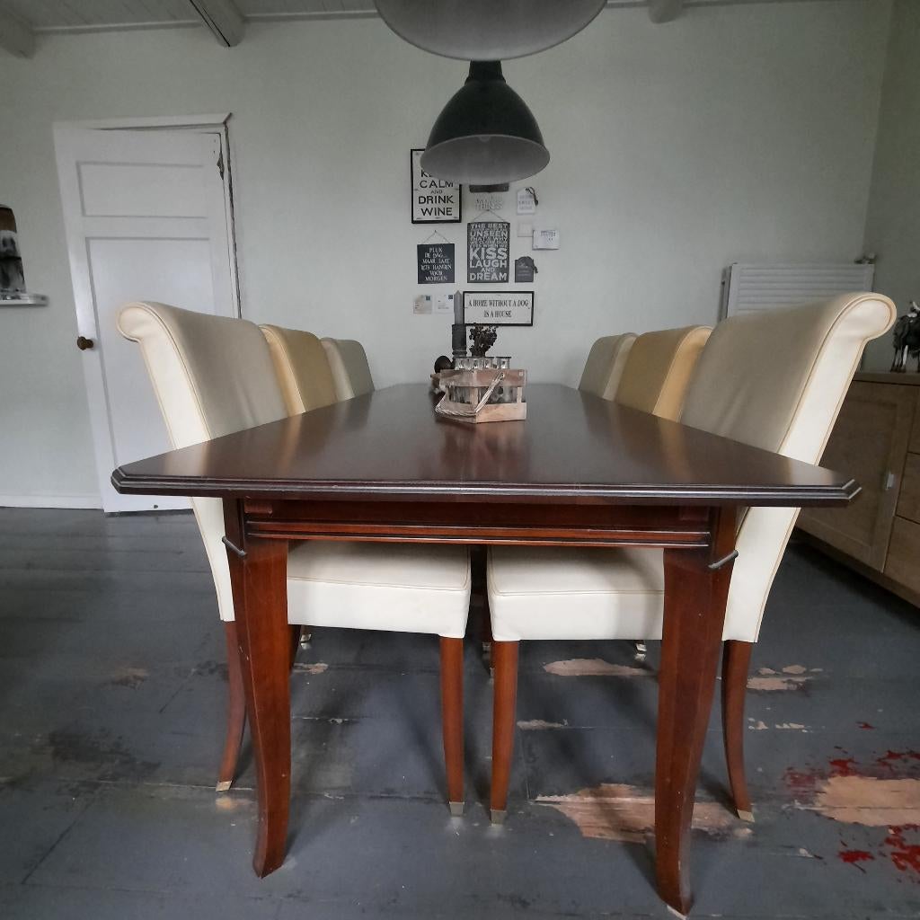 Eethoek massief eiken met 6 kalfslederen stoelen., Huis en Inrichting, Ophalen, Gebruikt, 4 tot 6 stoelen