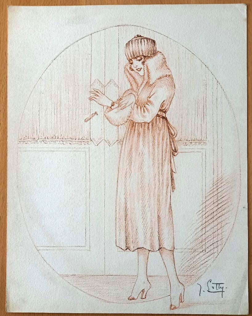 A493-82 Oude tekening Vrouw in bontjas en muts bij deur, Antiek en Kunst, Ophalen of Verzenden