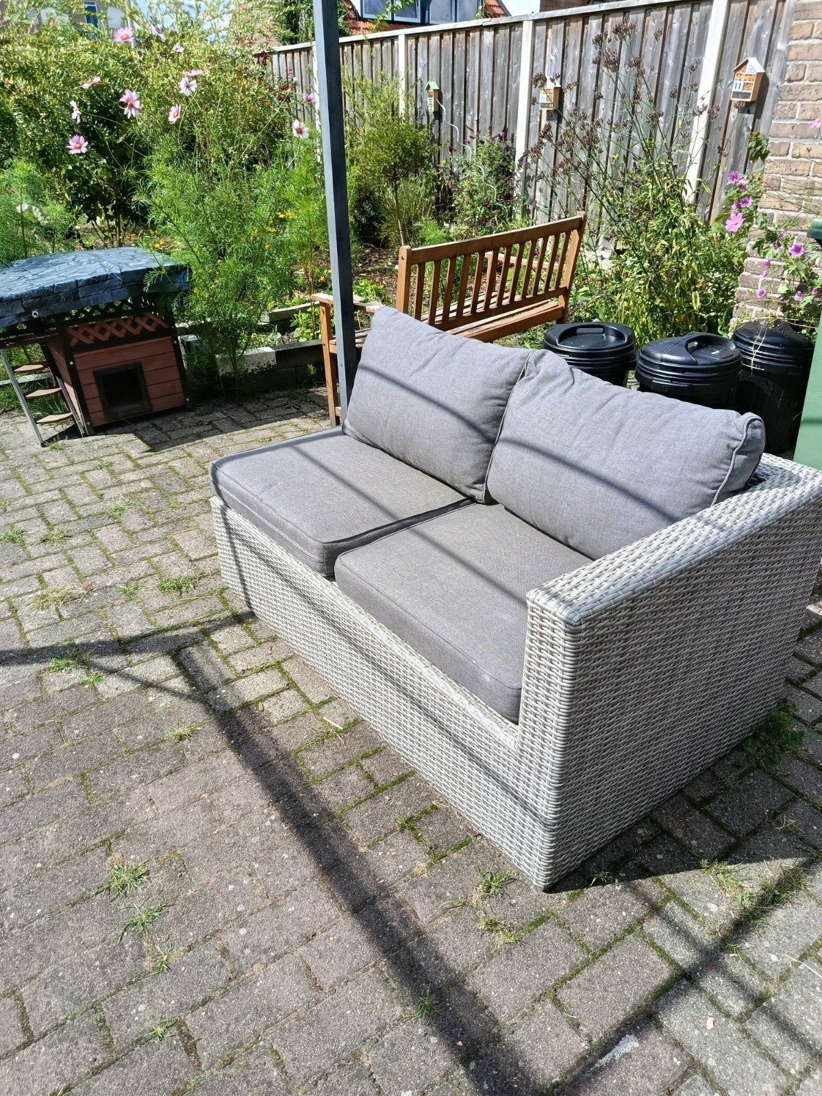 fijne loungebank tuinbank met kussens, Kunststof, Gebruikt, Loungeset, Bank