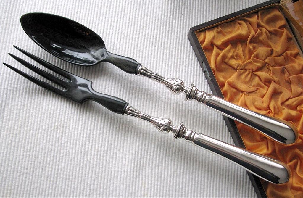 Elegant antiek slacouvert / slabestek zilver + zwart hoorn, Ophalen of Verzenden