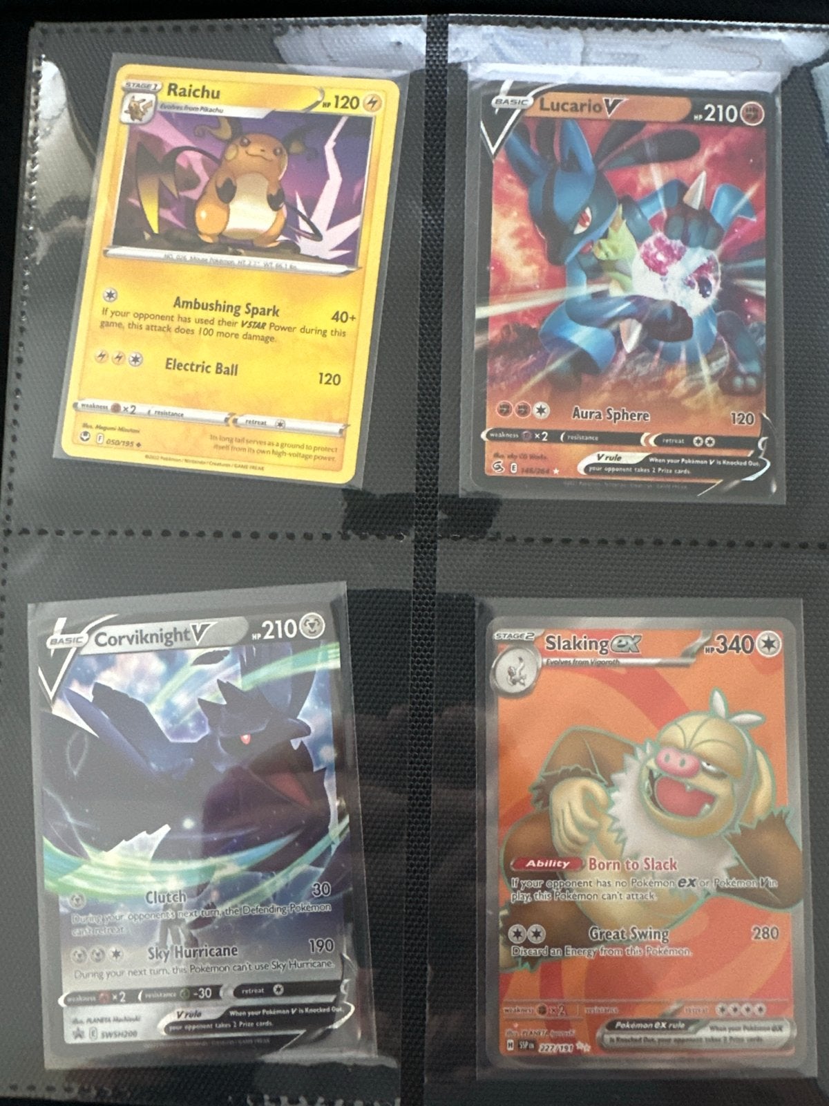 Pokémon Kaarten Bundel: Raichu, Slaking ex, Lucario V, Corvi, Hobby en Vrije tijd, Ophalen of Verzenden, Zo goed als nieuw, Meerdere kaarten