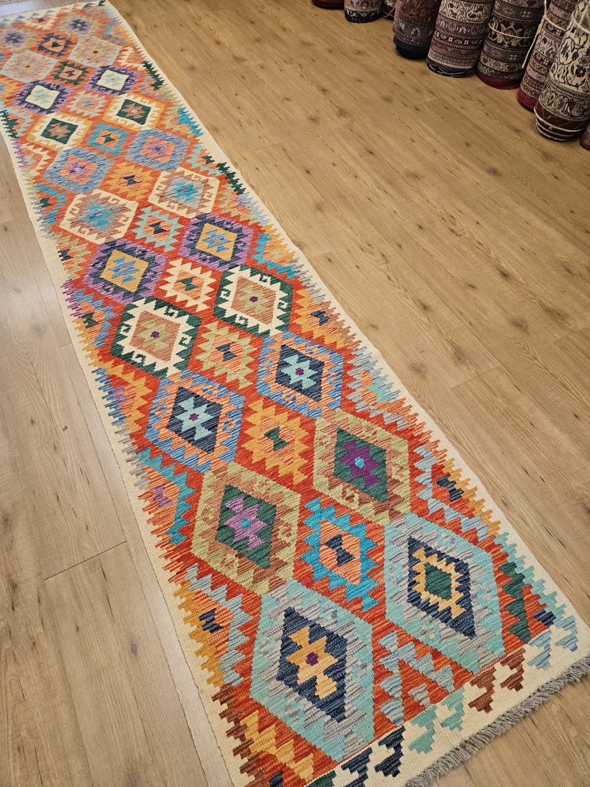 Handgeweven oosterse wollen kelim loper 393x80, Info@SlatsAntiek.nl, Crème, Vof Slats Antiek, Kelim