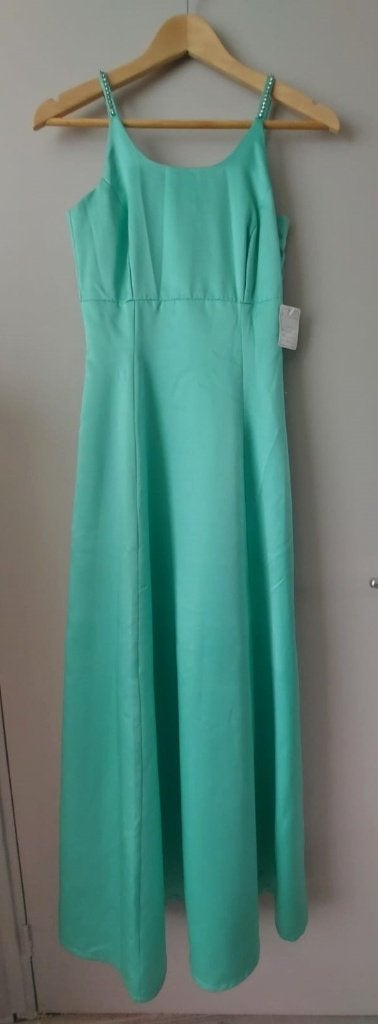 Elegante mintgroene galajurk met strass bandjes, maat 36, Galajurk, D' Medina's, Ophalen of Verzenden, Zo goed als nieuw