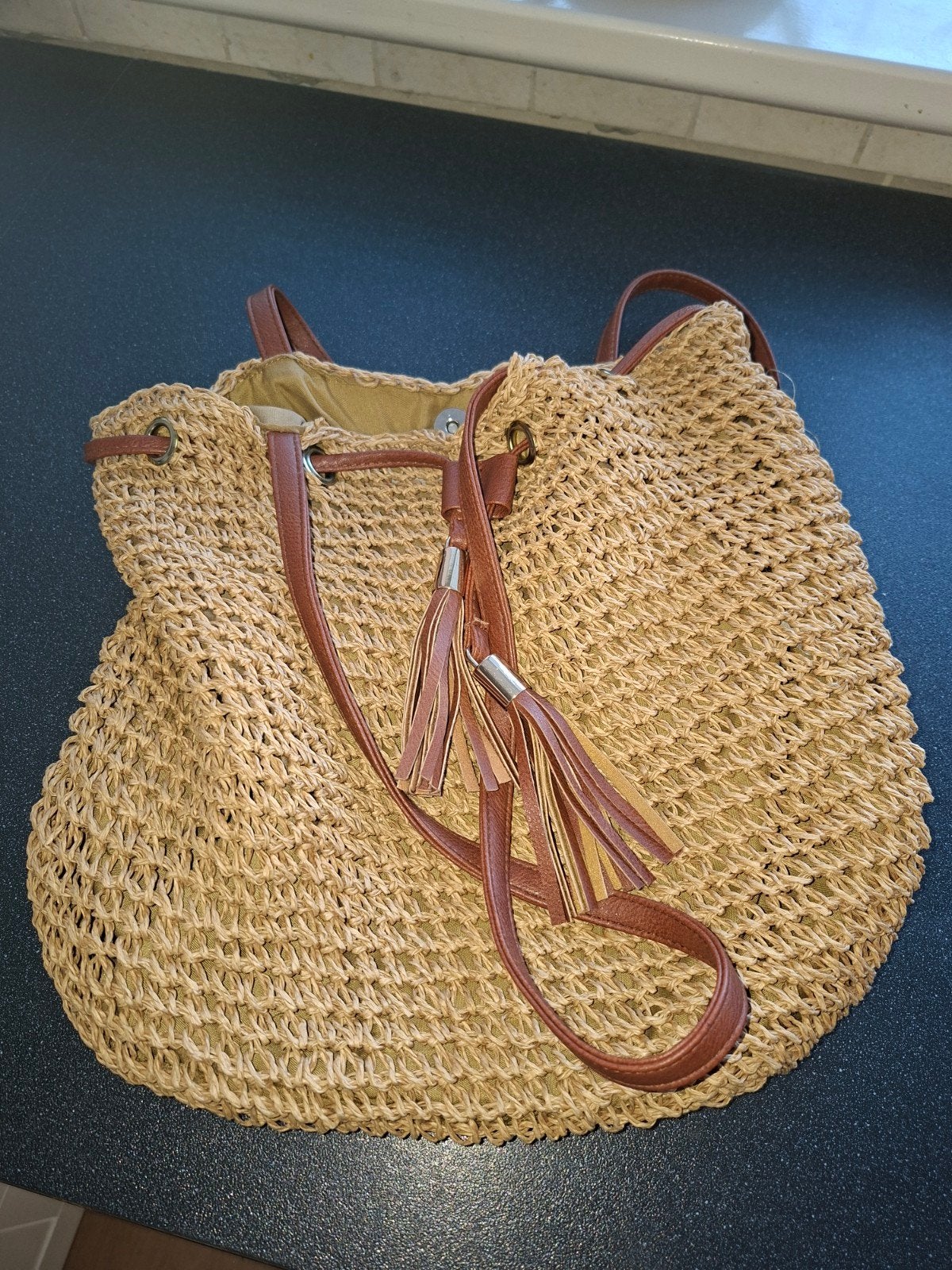Stro tas met leren details, Ophalen of Verzenden, Zo goed als nieuw, Bruin, Handtas