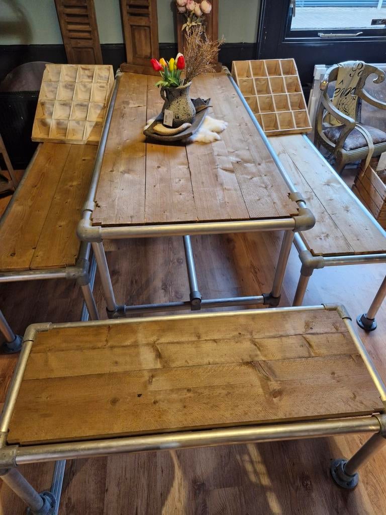 Unieke Steigerhouten Tuinset met Steigerbuizen, Tuin en Terras, Tuinsets en Loungesets, Ophalen, Onbekend, Onbekend, Onbekend