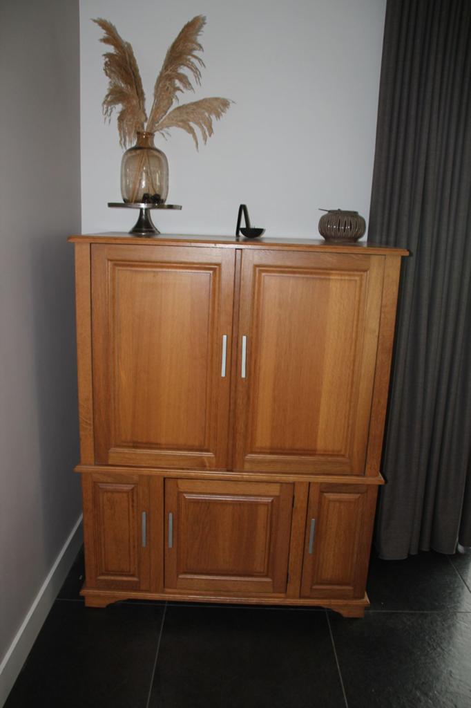 Blank eiken massieve tv- computer meubelkast, Huis en Inrichting, Ophalen, Gebruikt, 120 tot 170 cm