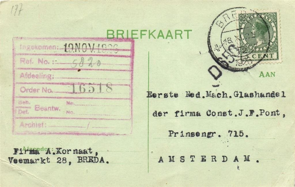 Firma A. Kornaat, Breda - 11.1926 - briefkaart, Ophalen of Verzenden, Briefkaart