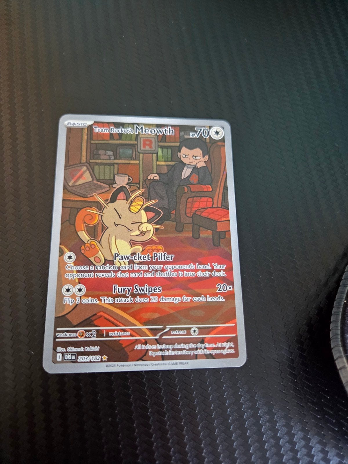 Team Rocket's Meowth 203/182 Pokemon kaart, Ophalen of Verzenden, Zo goed als nieuw, Losse kaart, Foil