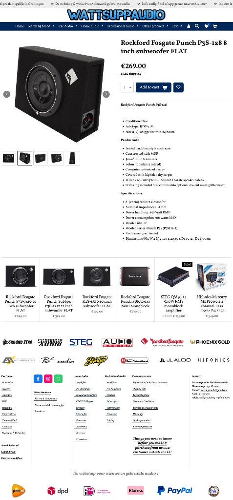 Rockford Fosgate Punch P3S-1x8 8 inch subwoofer FLAT, Auto diversen, Audio-design, Nieuw, Am Breilingsweg 3, 76709 Kronau, Duitsland