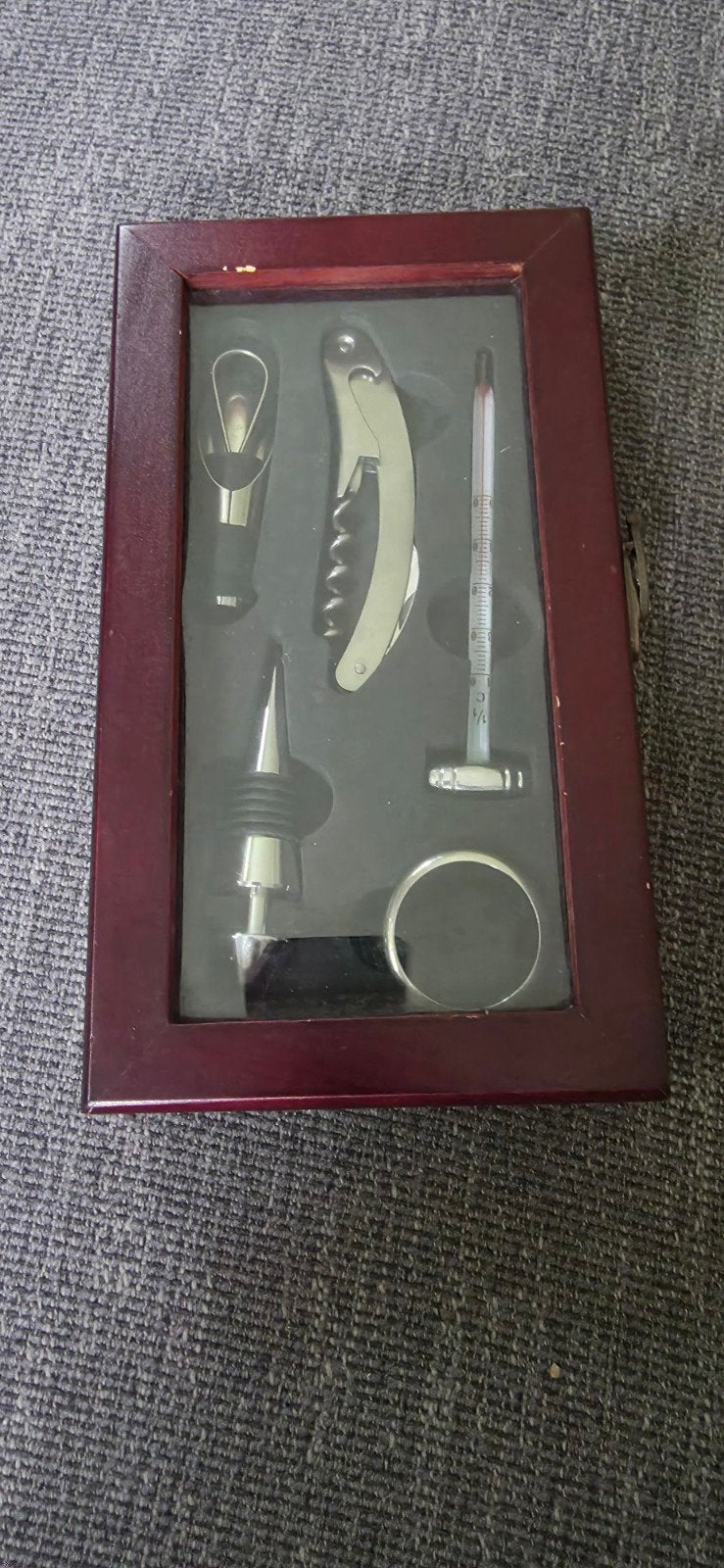 Wijnaccessoires set in houten kistje, Huis en Inrichting, Overige typen, Zilver, Ophalen of Verzenden, Zo goed als nieuw