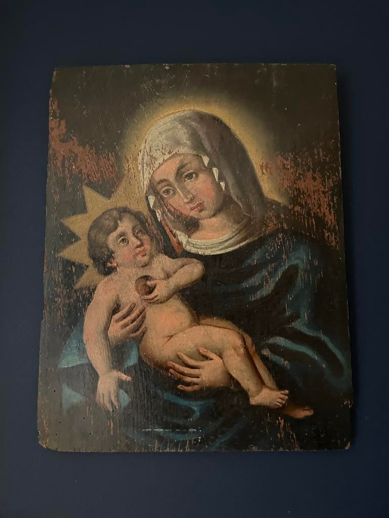 Antiek 18e Eeuws Olieverf Schilderij Maria met Kind op Hout, Antiek en Kunst, Antiek | Religie, Ophalen of Verzenden