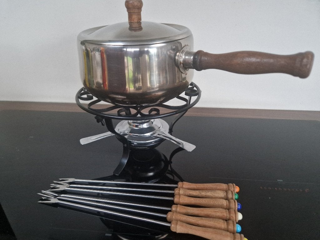 RVS fonduestel met 8 vorkjes, Ophalen of Verzenden, Zo goed als nieuw, Brander, Fondueset