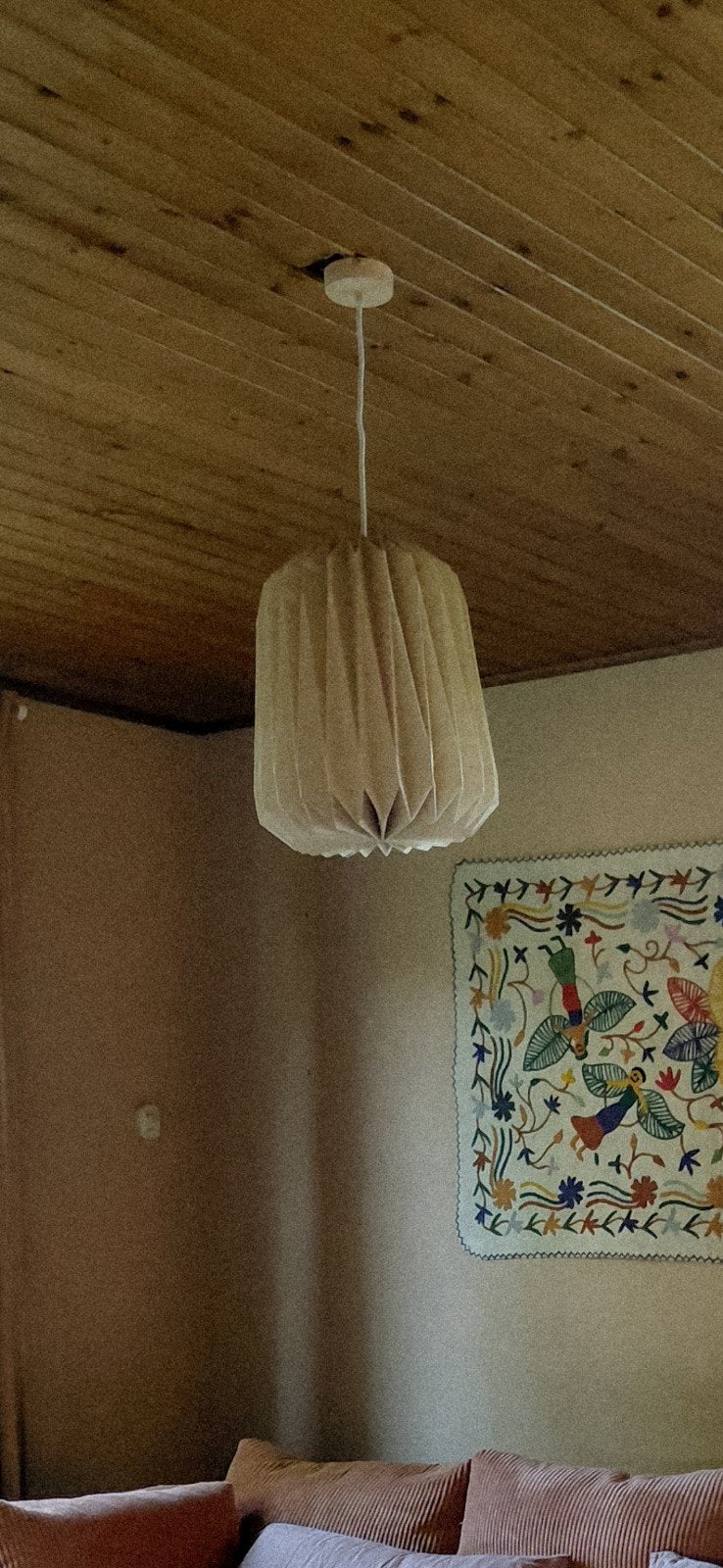 2 stuks!! Unieke geplooide hanglamp, beige textiel linnen, Beige, Zo goed als nieuw, Textiel, Overige vormen