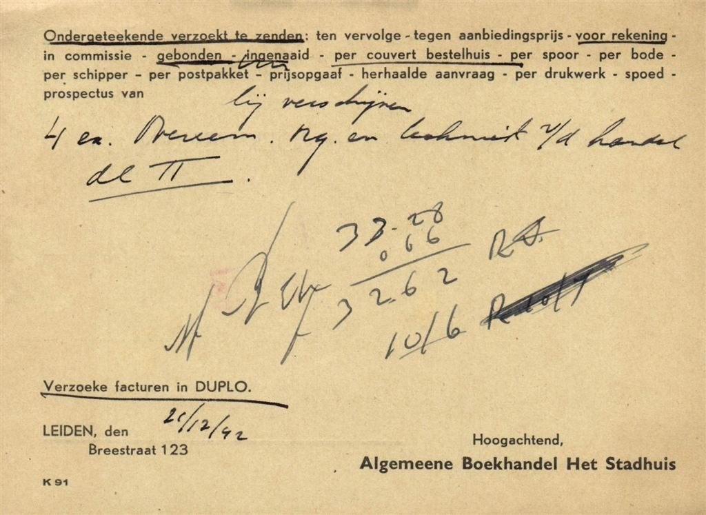 Algemeene Boekhandel Het Stadhuis, Leiden - 12.1942 - bestel, Ophalen of Verzenden, Briefkaart