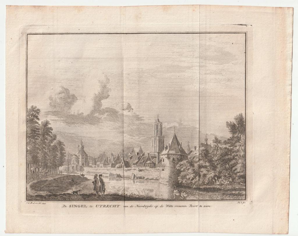 Singel Utrecht stadsgezicht gravure de Beyer Spilman 1744, Verzenden, Stadsgezicht, Gravure, Blanco verso