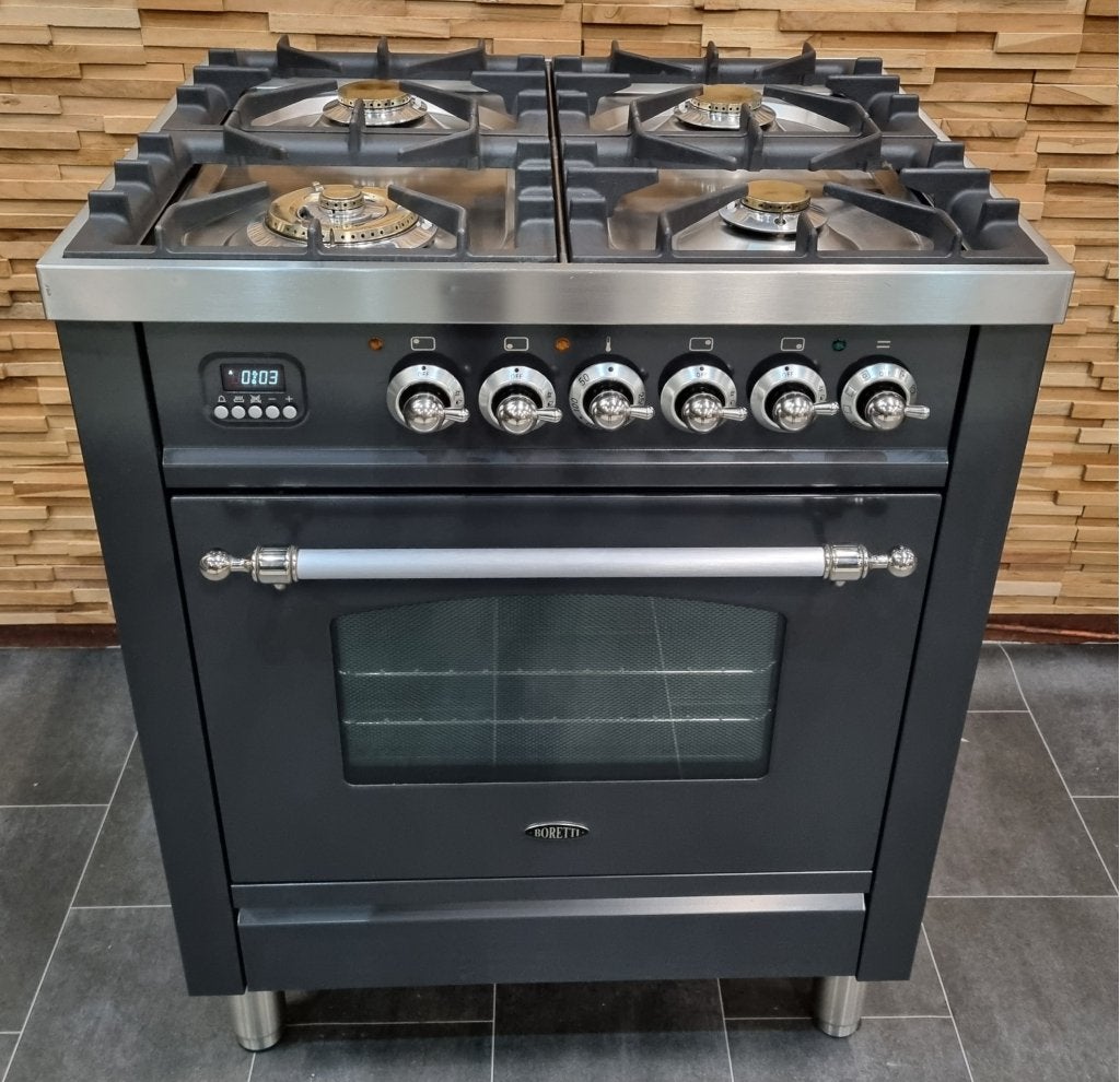 Luxe Boretti Fornuis 70cm antraciet + rvs 4 pits 1 oven, Witgoed en Apparatuur, Fornuizen, Niet ingevuld, 60 cm of meer, Niet ingevuld