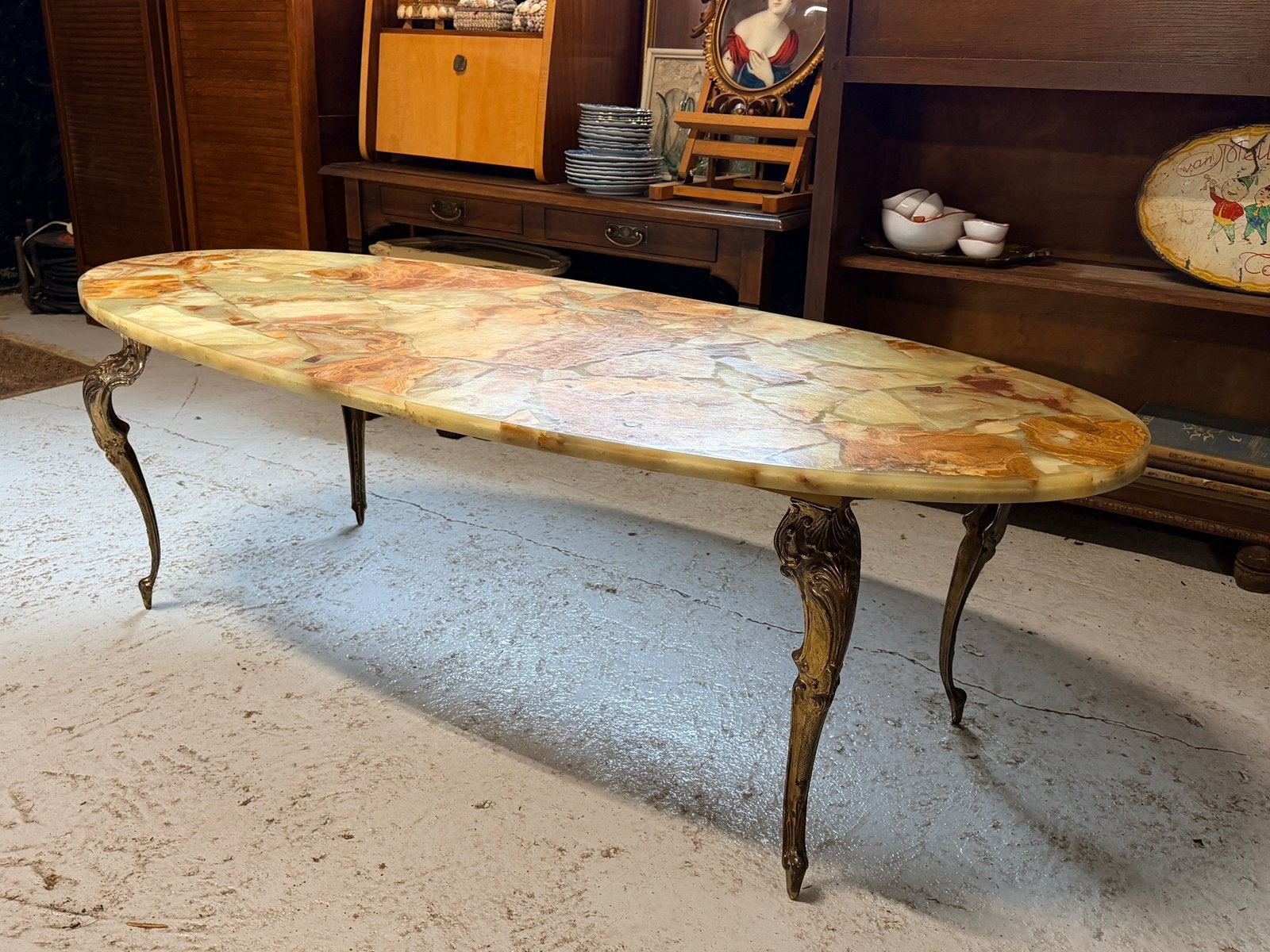 Vintage XL onyx mesing salontafel ovaal echte blikvanger, Ophalen, Overige materialen, Gebruikt, 100 tot 150 cm