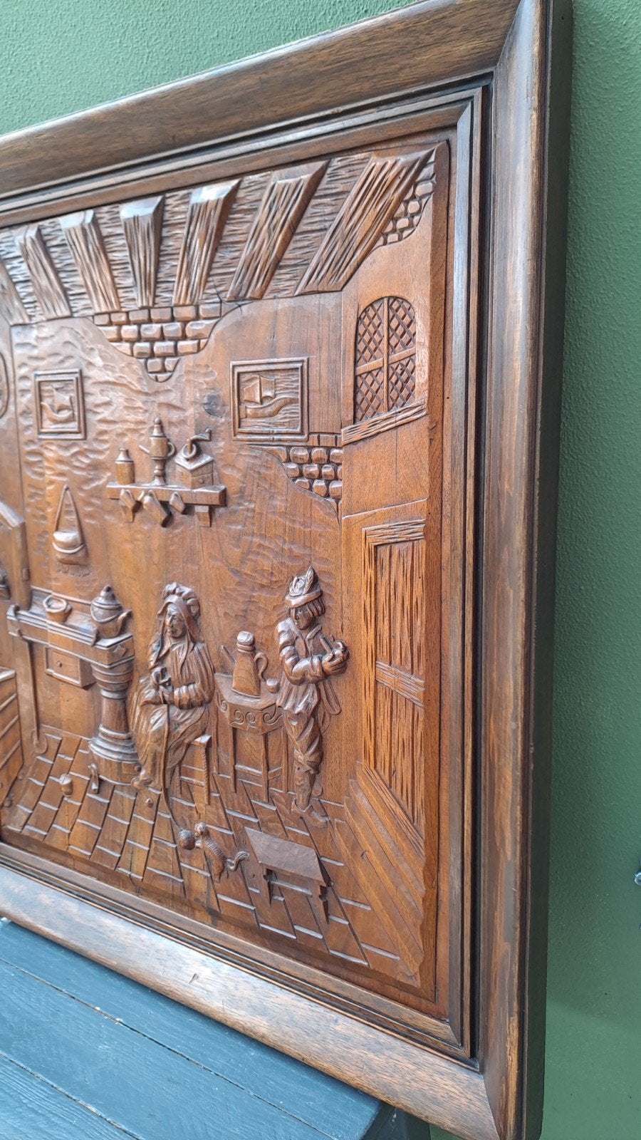 Antiek Houten Wandpaneel: Hollands Interieur Tafereel, Ophalen, 50 - 100 cm, Handgemaakt, Wanddecoratie