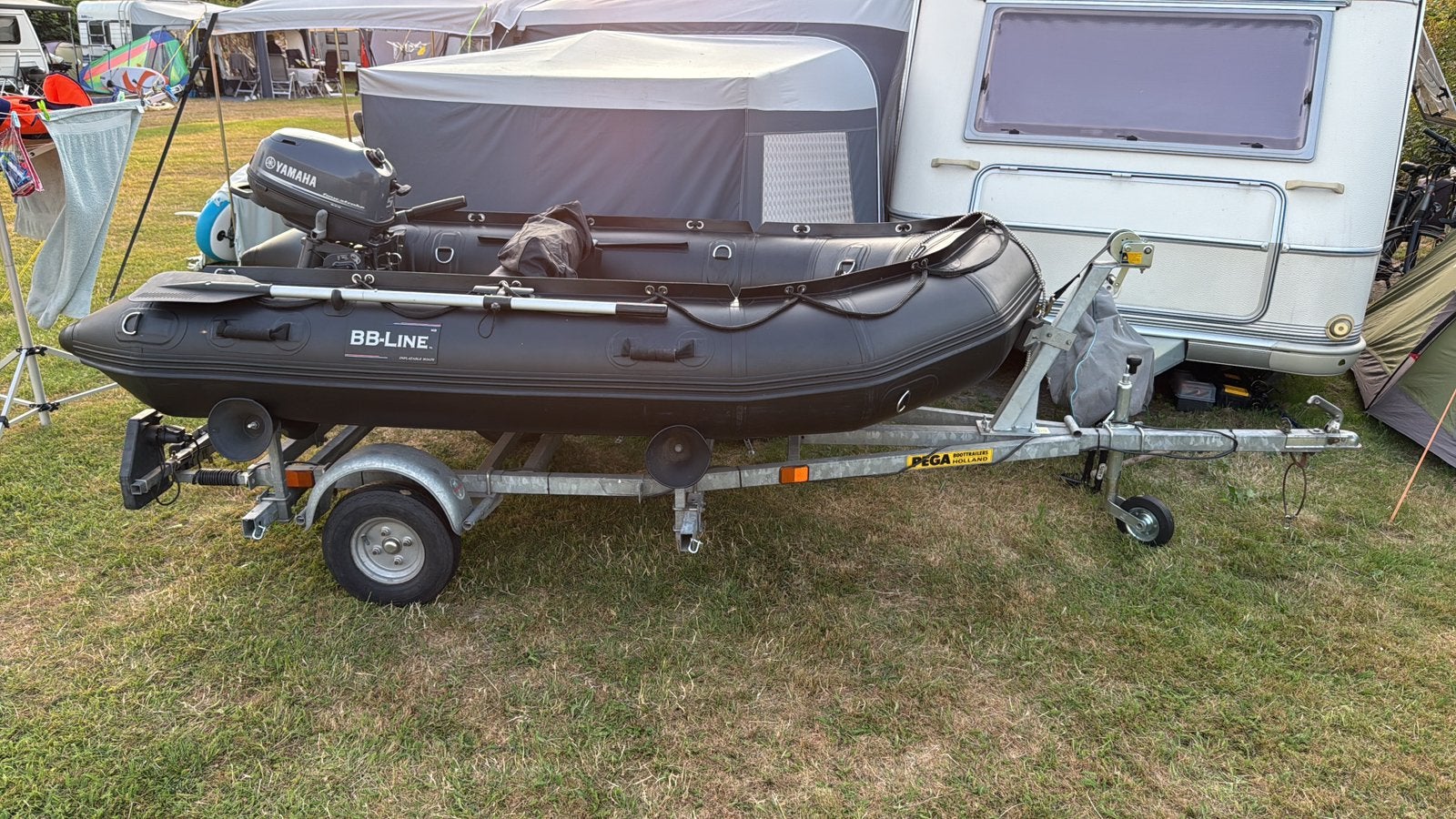 BBLine 290HD Rubberboot en Pega Trailer Yamaha 5PK 4 takt, Watersport en Boten, Aluminium, 5 pk, Peddels, Zo goed als nieuw