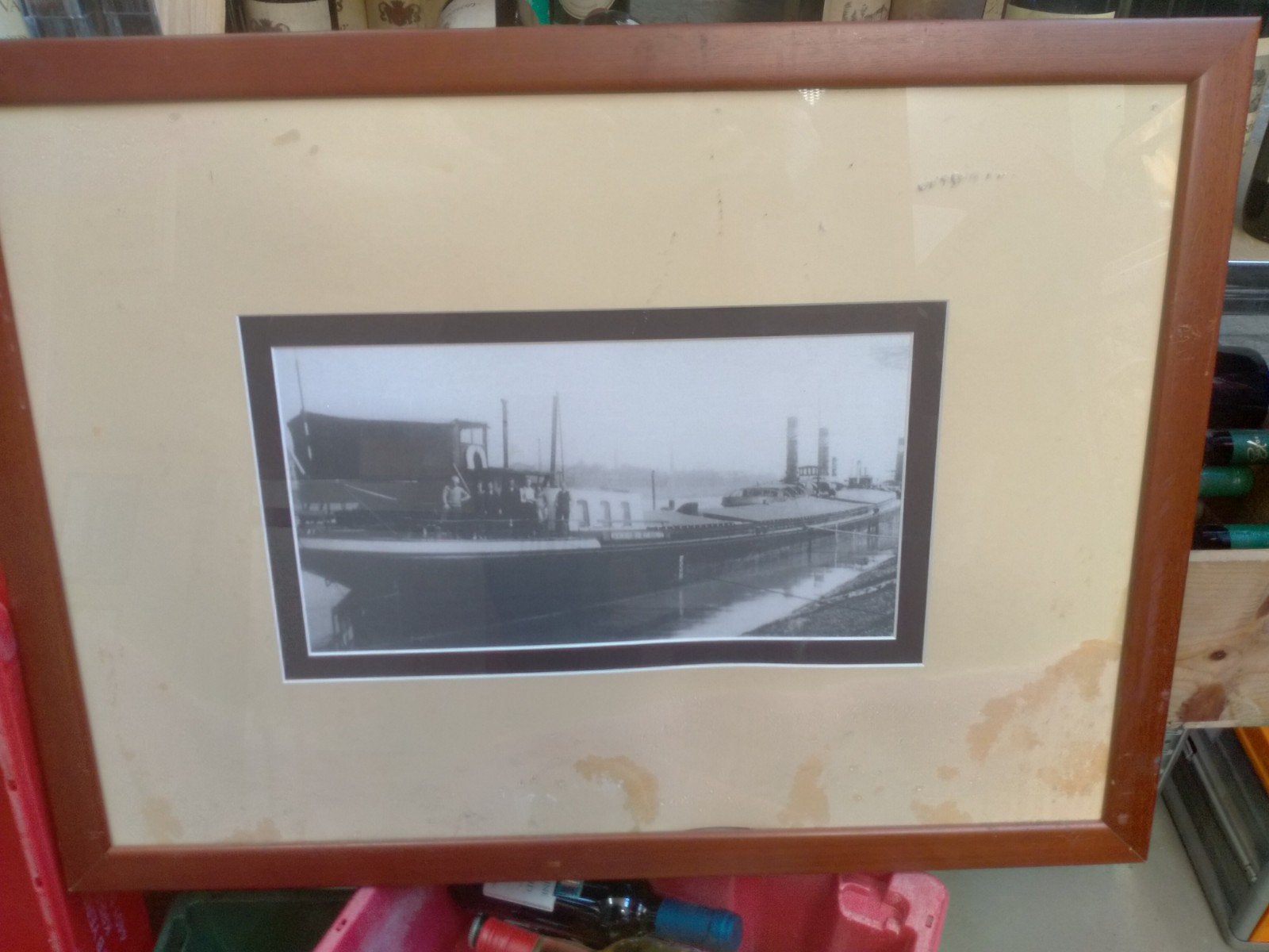 Oude foto van een schip met bemanning in lijst, Ophalen of Verzenden