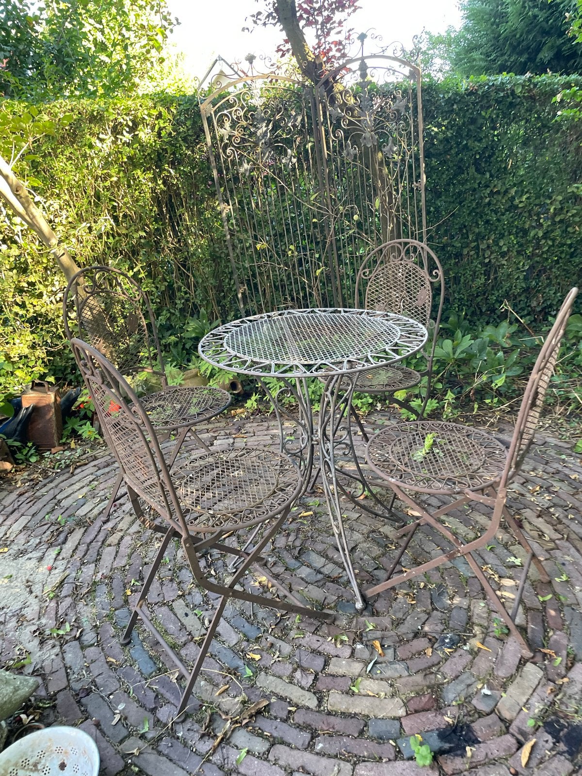 Vintage metal tuinset met 4 stoelen en tafel, Ophalen, Gebruikt, Eettafel, Tuinset