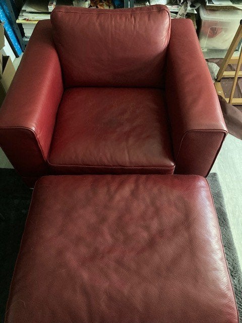 Lederen IKEA fauteuil met hocker, Huis en Inrichting, Fauteuils, Ophalen, Gebruikt, 75 tot 100 cm, 75 tot 100 cm