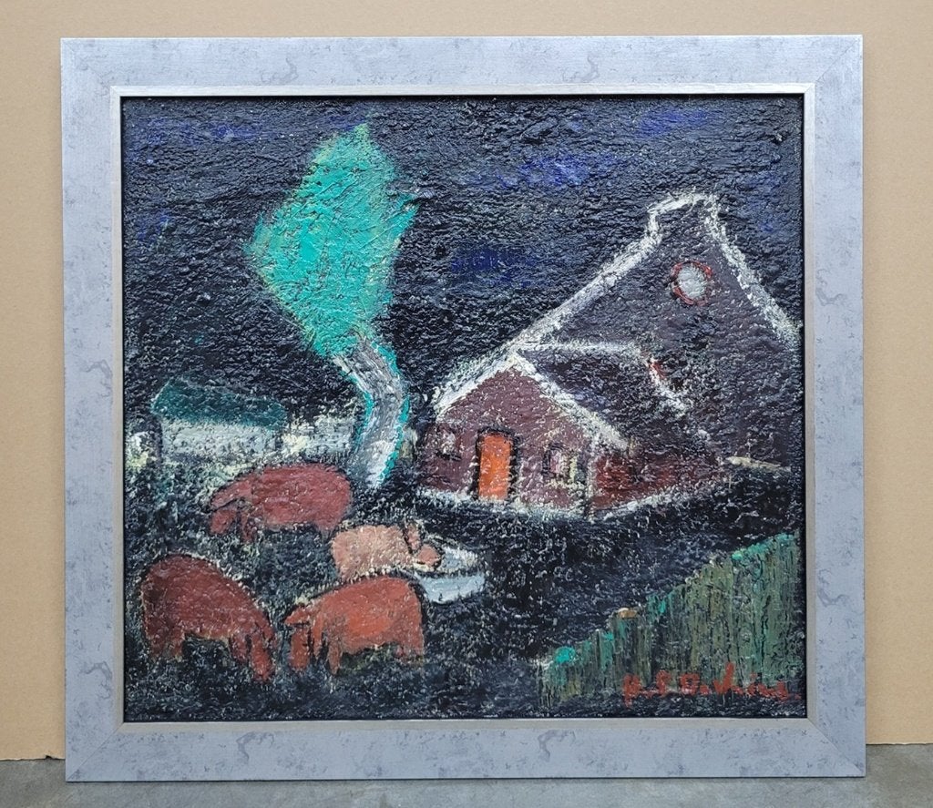 Hubert DE VRIES, varkens bij de hoeve, Antiek en Kunst, Doek, Expressionistisch, Ophalen of Verzenden, Gesigneerd