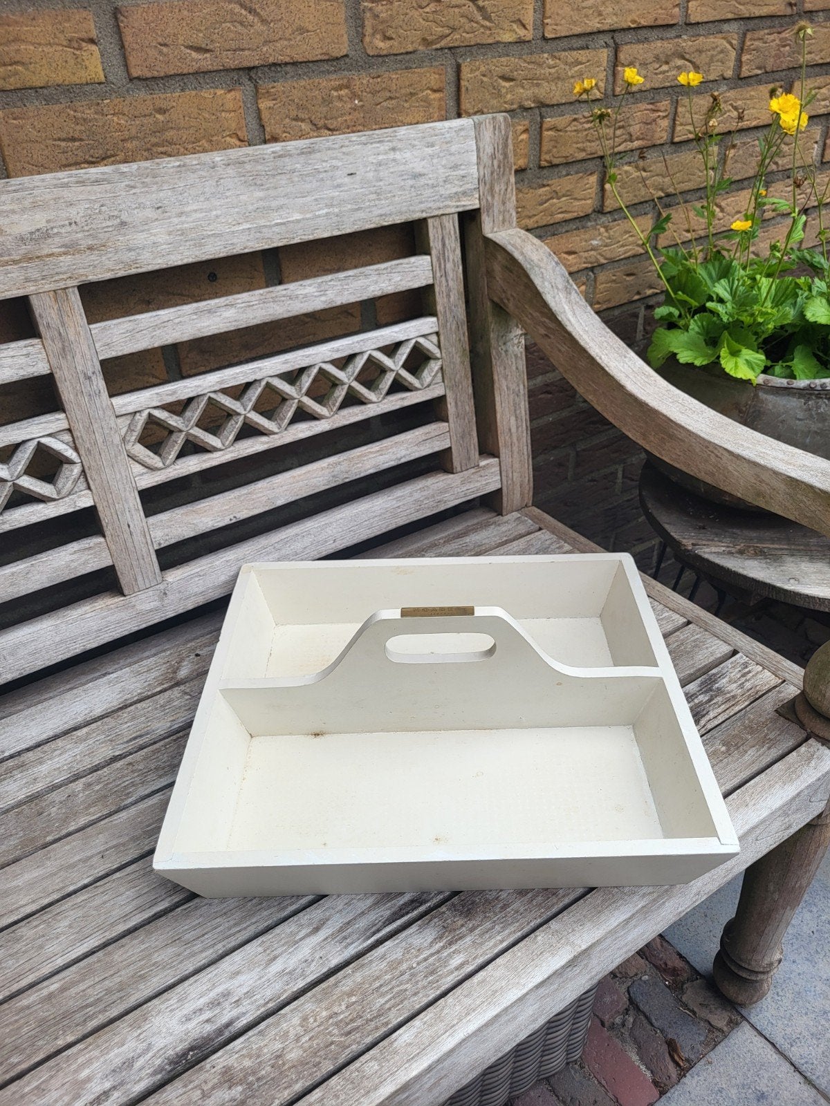 Vintage houten dienblad/opberger - Crèmewit, Huis en Inrichting, Woonaccessoires | Overige, Gebruikt, Hout, Wit, Vintage, Ophalen of Verzenden