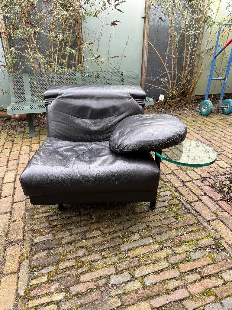 Arca Fauteuil B&B Italia Paolo Piva design zwart leer, Ophalen, Gebruikt, Vintage loungen Mancave Brutalisme Italiaans, 75 tot 100 cm