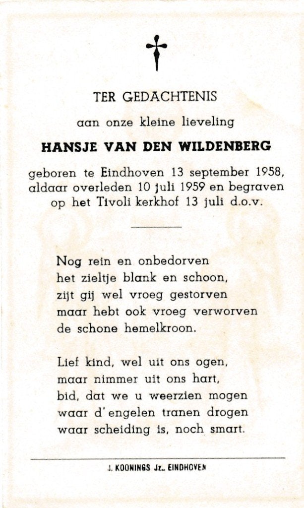 Wildenberg Hansje 1958 Eindhoven 1959, Ophalen of Verzenden, Bidprentje