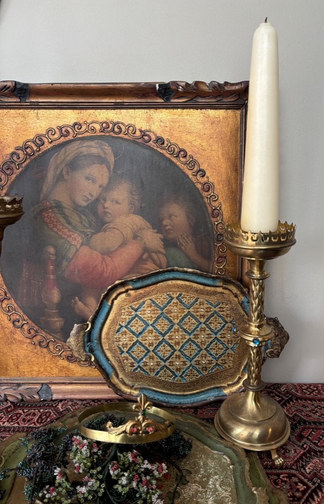 Antieke Altaar kerk kandelaar met glassteentjes, Antiek en Kunst, Antiek | Religie, Ophalen of Verzenden