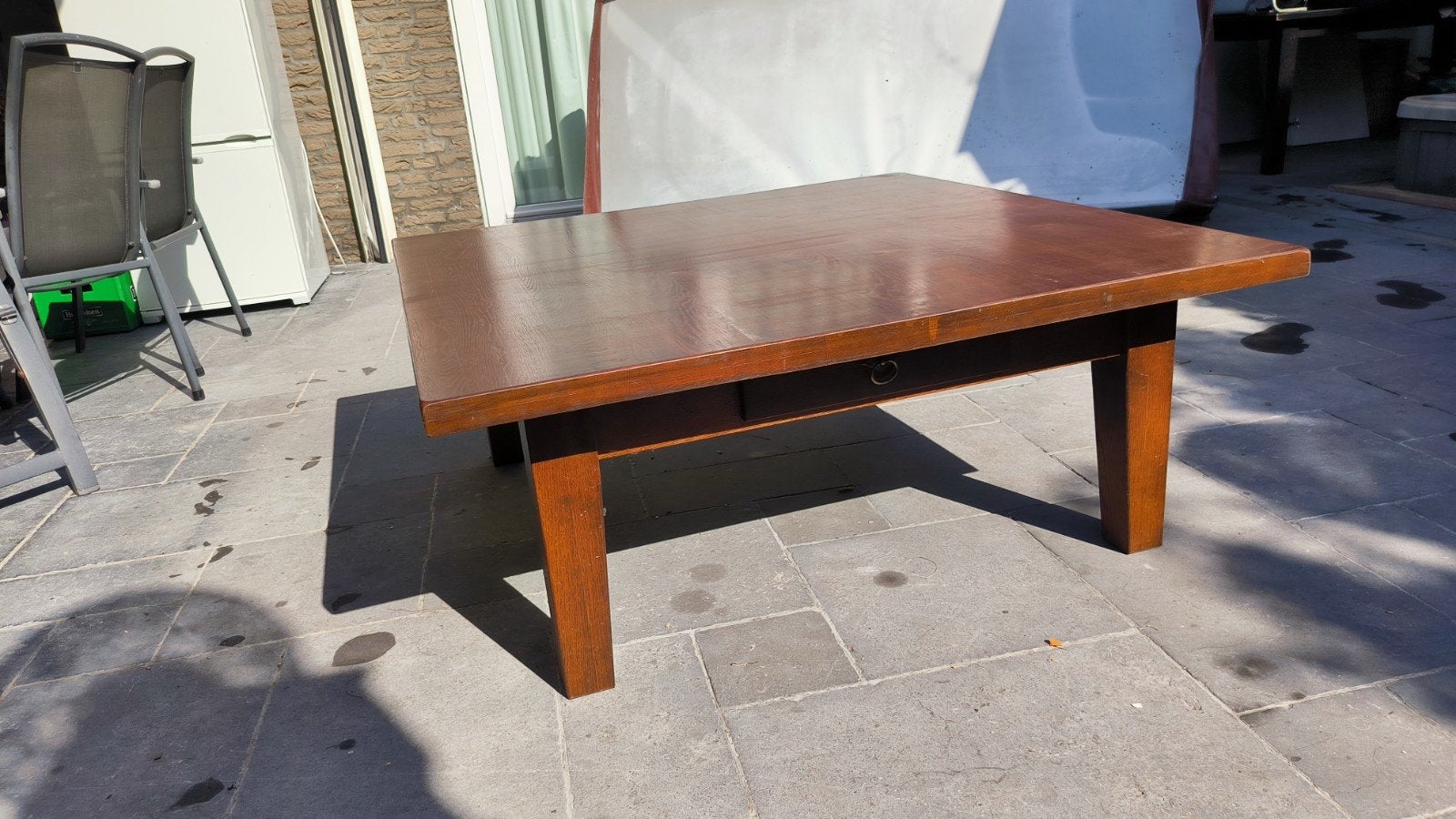 Salontafel vierkant met laadjes, eikenhout, 120x120 cm, Ophalen, Gebruikt, 100 tot 150 cm, 100 tot 150 cm