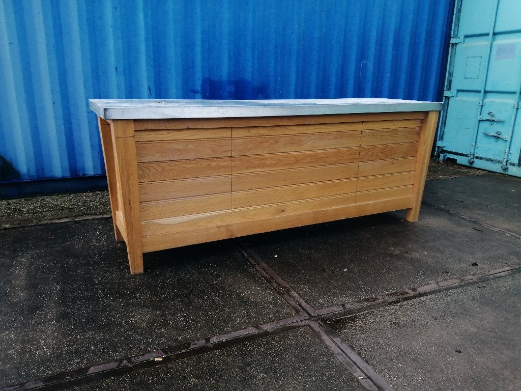 Mobiele Buitenkeuken eiken Bartafel/BBQ tafel+zinkblad, Tuin en Terras, Ophalen, Houtskool